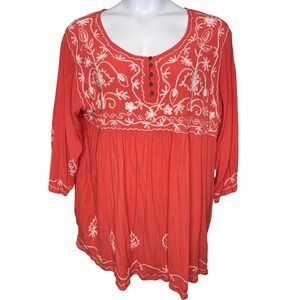 Riviera Sun Womens Coral Red Boho Embroidered Tunic Top Sz 3X Casual Gypsy Flowy